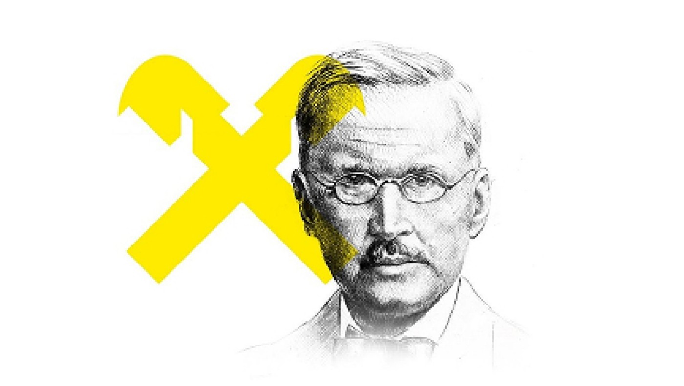 Bleistiftzeichnung Porträt Friedrich Wilhelm Raiffeisen, überlappend das Giebelkreuz in gelb