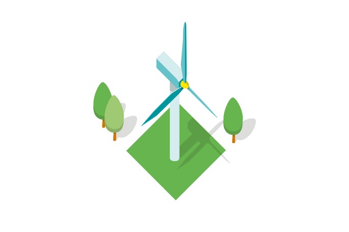 Illustration Windrad auf einer Wiese, daneben Bäume