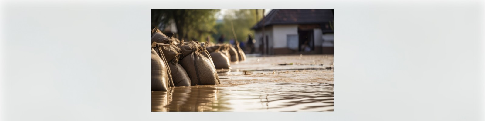 Eine Reihe Sandsäcke liegt vor überfluteten Häusern, um Wasserschäden zu verhindern.